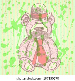 Sketch Teddy bear in hat and tie with mustache, vector vintage background