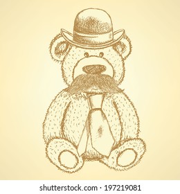 Sketch Teddy bear in hat and tie with mustache, vector vintage background