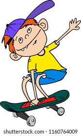 Sketch of Teen boy skateboarder on skateboard, red hair,in baseball cap. Hand drawn colored vector illustration isolated on white background.