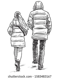 Sketch of teen girl with her father walking down street