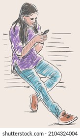 Sketch of teen girl sitting on park bench and looking at smartphones on summer day