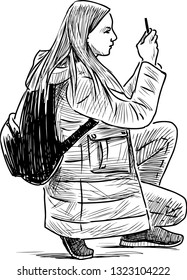 Sketch of a teen girl taking a selfie picture