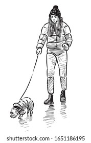 Sketch of teen girl walking with his dog