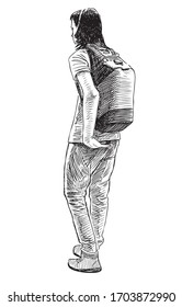 Sketch of teen student with backpack walking outdoors