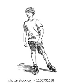 Sketch of teenage boy on rollers skating isolated on white background, Hand drawn vector illustration