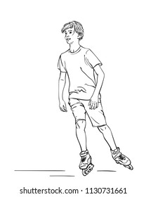 Sketch of teenage boy on rollers skating isolated on white background, Hand drawn vector linear illustration