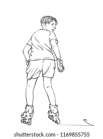 Sketch of teenage boy on rollers skating looks back isolated on white background, Hand drawn vector linear illustration
