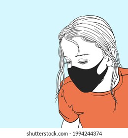 Sketch of teenage girl in black protective mask with lowered eyes in terracotta T-shirt on blue backdrop, Hand drawn vector illustration coronavirus pandemic New normal