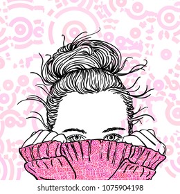 Sketch of teenage girl with bun hairstyle hiding her face in warm knitted sweater, Hand drawn vector illustration on pink circular abstract trendy pattern