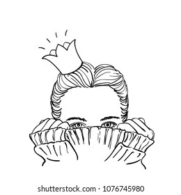 Sketch of teenage girl in crown hiding her face in warm knitted sweater, Hand drawn vector linear illustration, Every girl dreams of being a princess