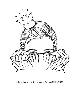 Sketch of teenage girl in crown hiding her face in warm knitted sweater, Hand drawn vector linear illustration, Every girl dreams of being a princess