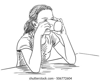 Sketch of teenage girl drinking from mug, Hand drawn illustration