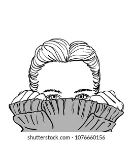 Sketch of teenage girl with hair parted in the middle hiding her face in warm grey knitted sweater, Hand drawn vector monochrome illustration