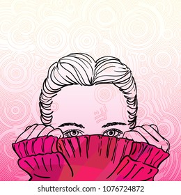 Sketch of teenage girl with hair parted in the middle hiding her face in warm pink knitted sweater, Hand drawn vector illustration colored in abstract pink circular pattern