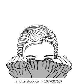 Sketch of teenage girl with hair parted on side hiding her face in warm grey knitted sweater, Hand drawn vector monochrome illustration