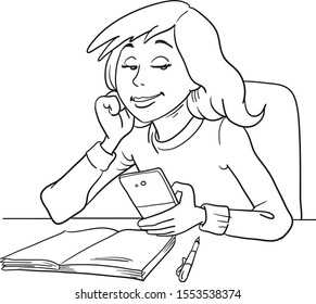 Sketch of teenage girl holding a mobile phone and typing a message to social network friends.