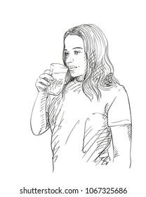 Sketch of teenage girl with long hair drinking water from glass, Hand drawn vector illustration