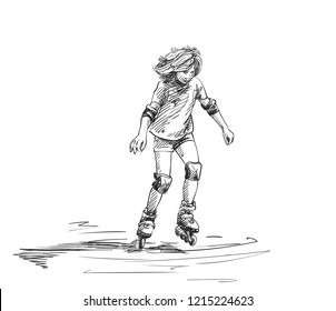 Sketch of teenage girl with long hair learning to skate on rollers, Hand drawn vector illustration isolated on white background