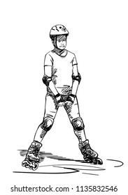 Sketch of teenage girl on rollers skating isolated on white background, Hand drawn vector illustration