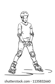Sketch of teenage girl on rollers skating isolated on white background, Hand drawn vector linear illustration
