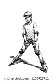 Sketch of teenage girl on rollers skating isolated on white background, Hand drawn vector illustration