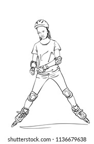 Sketch of teenage girl on rollers skating with unhappy face, Isolated on white background, Hand drawn vector linear illustration