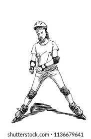 Sketch of teenage girl on rollers skating with unhappy face, Isolated on white background, Hand drawn vector illustration