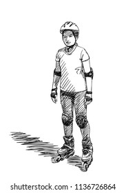 Sketch of teenage girl on rollers skating with unhappy face, Isolated on white background, Hand drawn vector illustration