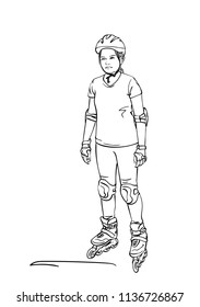 Sketch of teenage girl on rollers skating with unhappy face, Isolated on white background, Hand drawn vector linear illustration