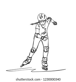 Sketch of teenage girl on rollers speed skating, Isolated on white background, Hand drawn vector linear illustration