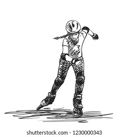 Sketch of teenage girl on rollers speed skating, Isolated on white background, Hand drawn vector illustration with hatched shades