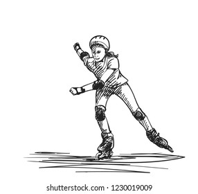 Sketch of teenage girl on rollers speed skating, Isolated on white background, Hand drawn vector illustration with hatched shades