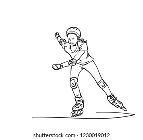 Sketch of teenage girl on rollers speed skating, Isolated on white background, Hand drawn vector linear illustration