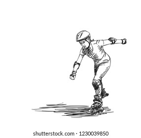 Sketch of teenage girl on rollers speed skating, Isolated on white background, Hand drawn vector illustration with hatched shades