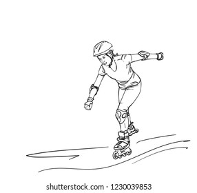Sketch of teenage girl on rollers speed skating, Isolated on white background, Hand drawn vector linear illustration