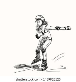 Sketch of teenage girl on rollers speed skating, Isolated on white background, Hand drawn vector illustration with hatched shades