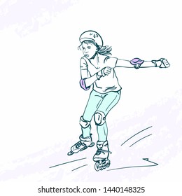 Sketch of teenage girl on rollers speed skating,  Hand drawn vector illustration