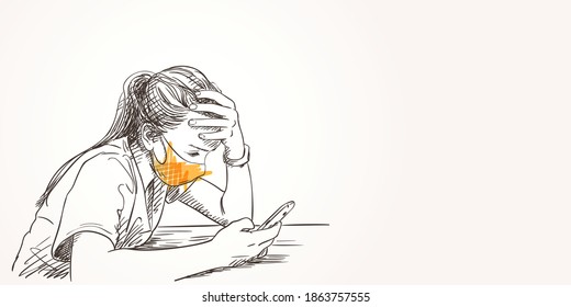 Sketch of teenage girl portrait in face mask for Coronavirus protection New normal. Using smartphone resting her forehead on hand side view, Vector hand drawn head illustration