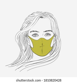 Sketch of teenage girl portrait in fashion medical face mask, Coronavirus prevention. Looking at camera, Long hair. Vector hand drawn illustration