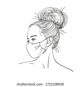 Sketch of teenage girl portrait in medical face mask and with long hair tied in stylish bun, Vector hand drawn illustration