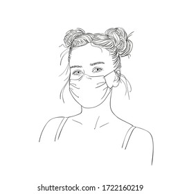 Sketch of teenage girl portrait in medical face mask and with long hair tied in two stylish buns, Vector hand drawn illustration