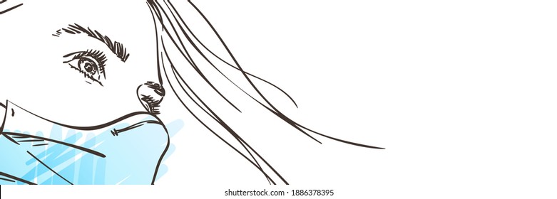 Sketch of teenage girl portrait in medical face mask, close-up eyes, Coronavirus outbreak. Long banner template with space for text, Hand drawn illustration