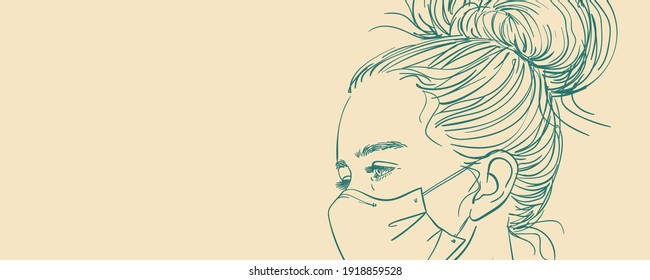 Sketch of teenage girl portrait in medical face mask and with long hair tied in stylish bun, Long panoramic banner with space for text, Vector hand drawn illustration