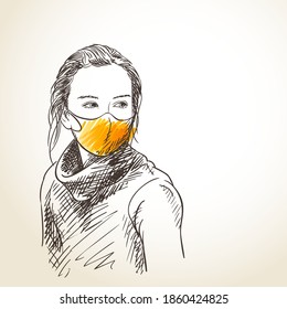Sketch of teenage girl portrait in orange face mask for Coronavirus protection. Thoughtfully looking to side, Vector hand drawn illustration