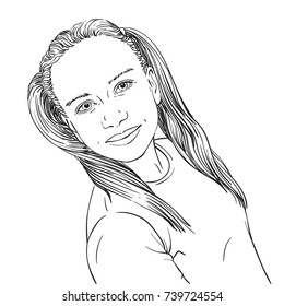 Sketch of teenage girl selfie looks self confidence with long hair in two ponytail, Hand drawn vector line art illustration isolated on white background