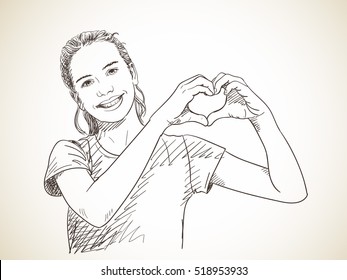 Sketch Of Teenage Girl Showing Hands In Heart Form, Hand Drawn Vector Illustration