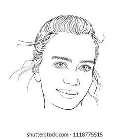 Sketch of teenage girl with shy look, Hand drawn vector linear illustration