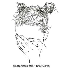 Sketch of teenage girl with two buns hairstyle covered her face with her palm, Hand drawn vector linear illustration isolated