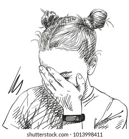 Sketch of teenage girl with two buns hairstyle covered her face with her palm, Hand drawn vector illustration