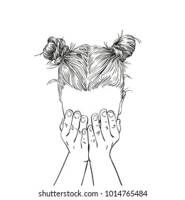 Sketch of teenage girl with two buns hairstyle covered her face with her palms, Hand drawn vector linear illustration isolated